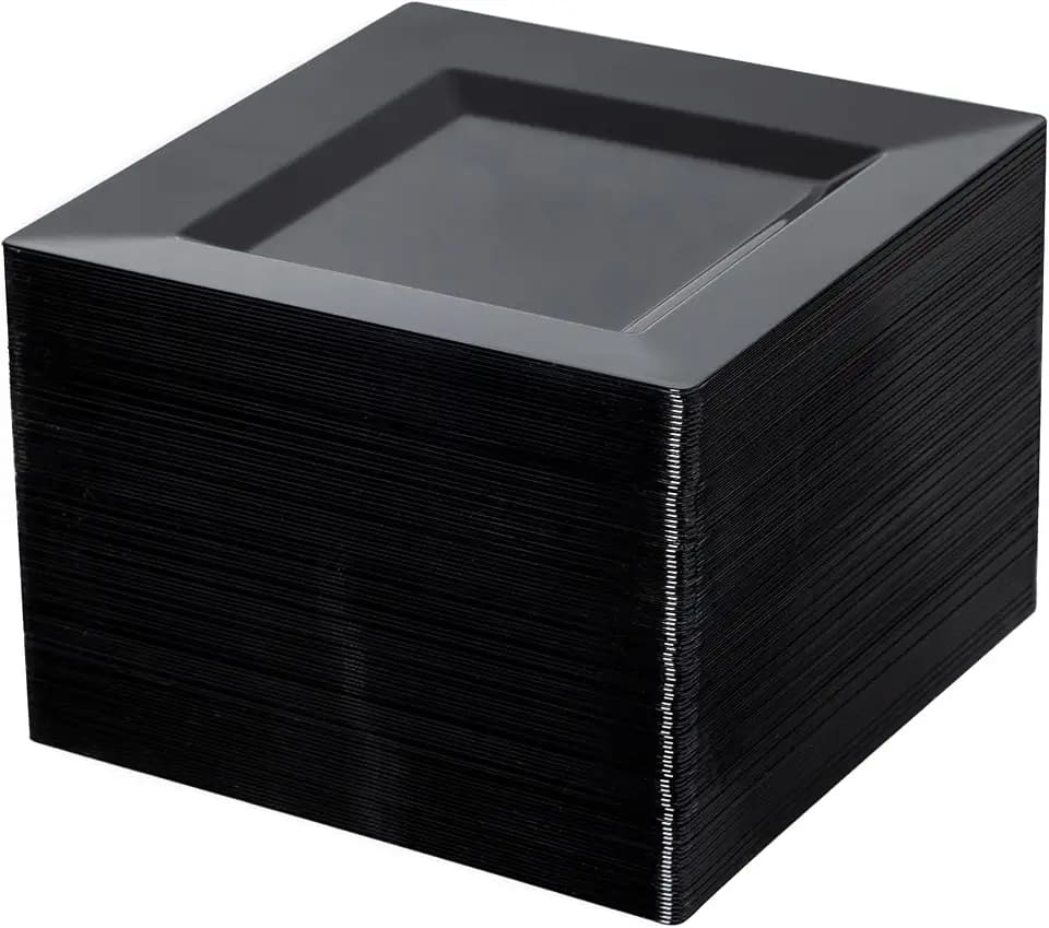 100 Pack Black Plastic Square Dessert Plates, 6.5" Disposable Salad Plates
