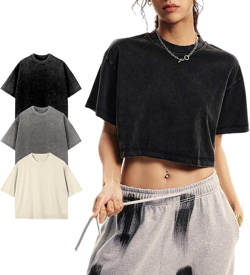 Wyeysyt Cropped T Shirts for Women Cotton Oversized Acid Wash Shirts