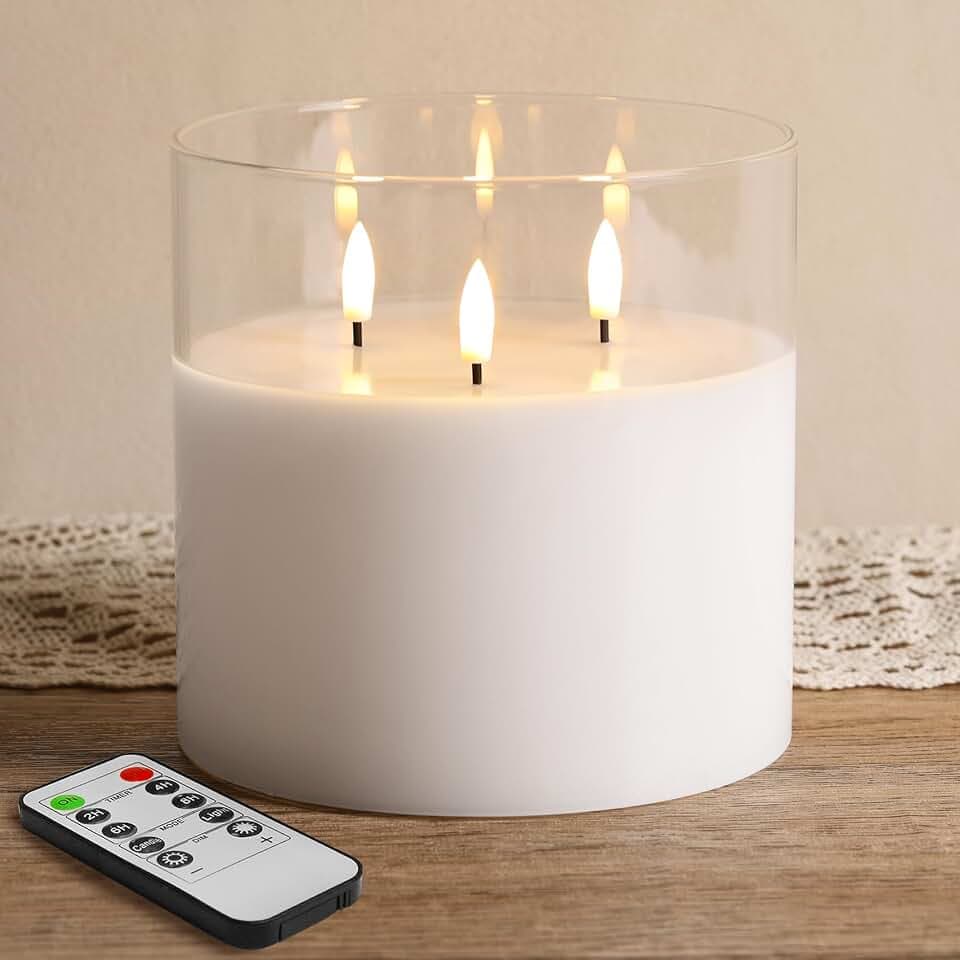 Eywamage Large 3 Wick Clear Glass Flameless Pillar Candle with Remote
