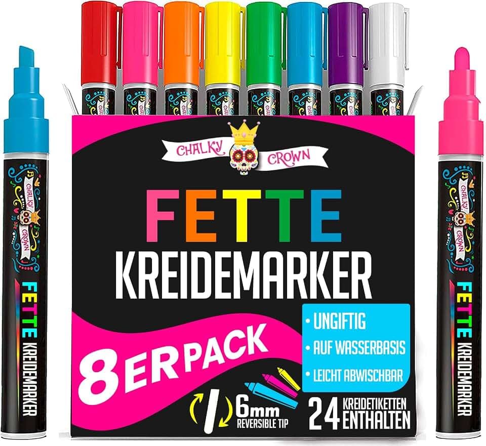 Chalky Crown - Kreidestifte für Tafel Abwaschbar - Für Tafeln, Schilder, Fenster, Glas - Umkehrbare Spitze (8er-Pack) - Mehrfarbig, 6 mm