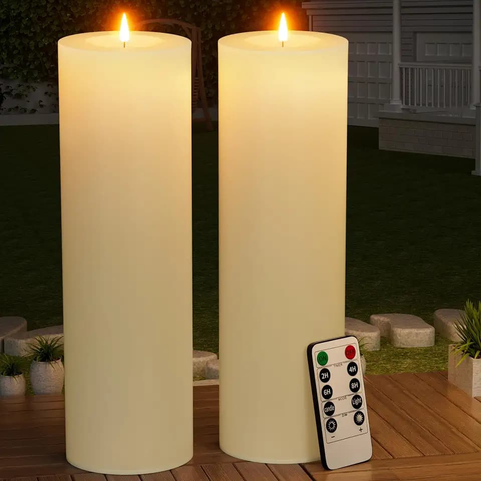 BUTHY 14"x4" Large Outdoor Candle with Remote Timer Waterproof Ivory 2 Pack