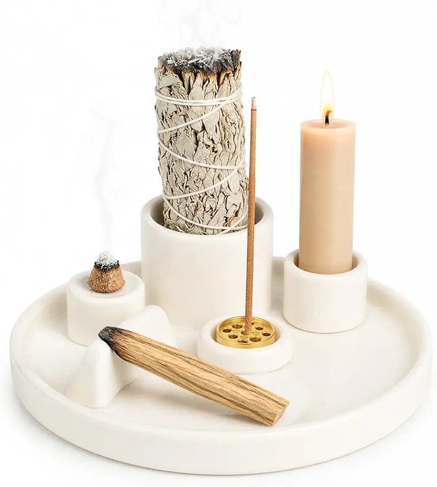 5 in 1 Räucherstäbchenhalter mit Ascheschale, Keramik Räucherstäbchen Halter, Räucherschale für Palo Santo, Salbei, Räuchern und Kerzenhalter, für Home Decor, Meditation und Yoga