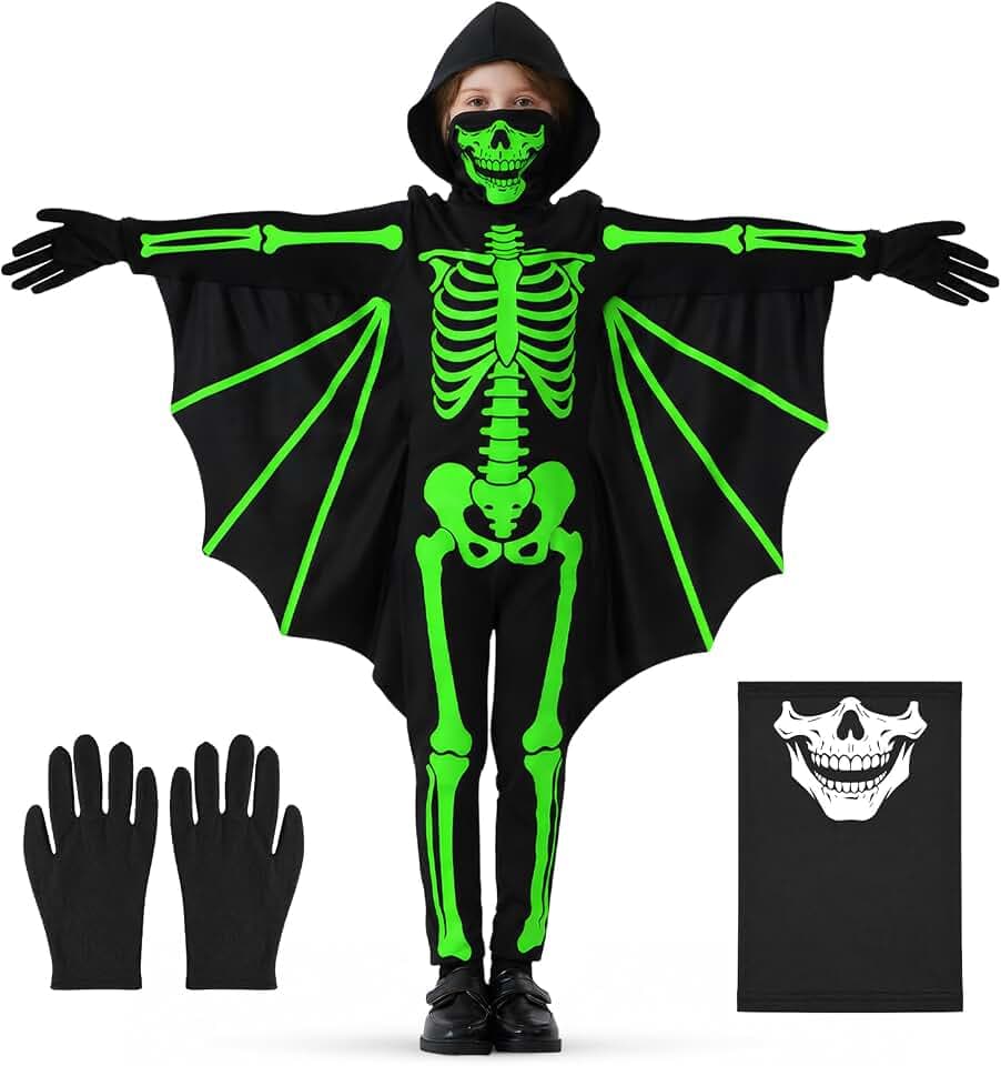 Leuchtendes Skelett Kostüm Kinder mit Fledermaus Flügel & Totenkopf Maske, Gruseliger Bat-Skelett Halloween Kostüm Kinder für Süßes-oder-Saures, Party & Karneval