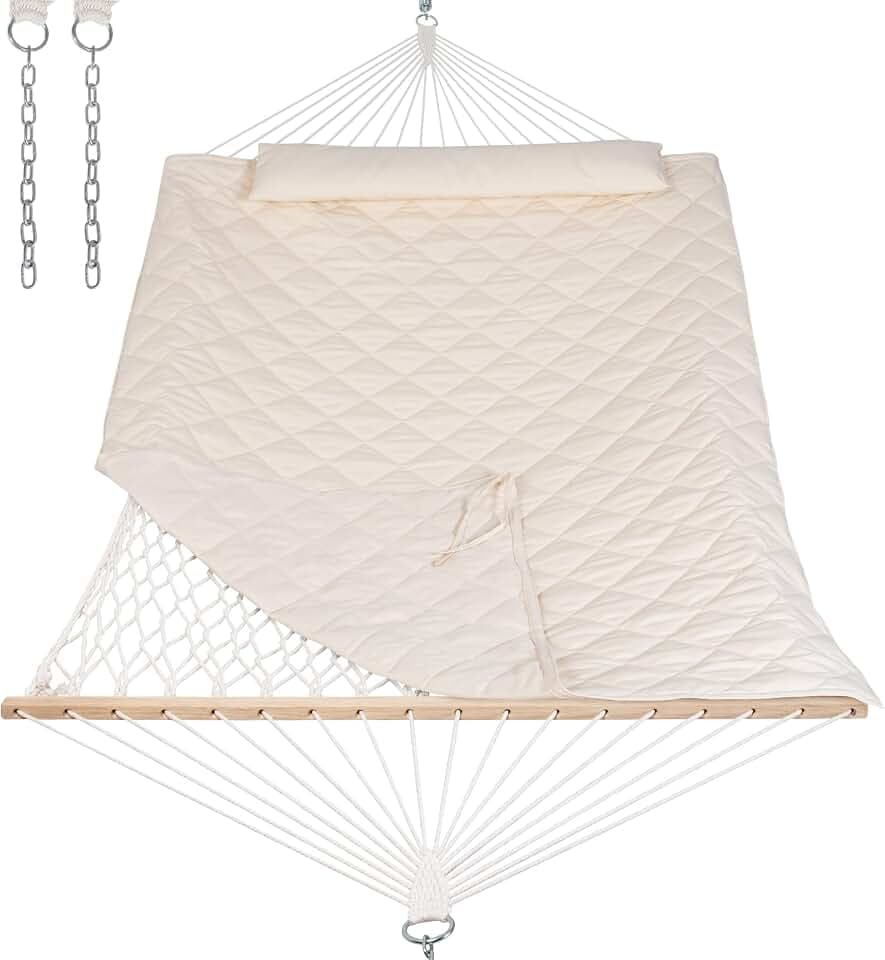 ANOW Outdoor Rope Hammock with Spreader Bars, Hammock Pad and Pillow, Cream