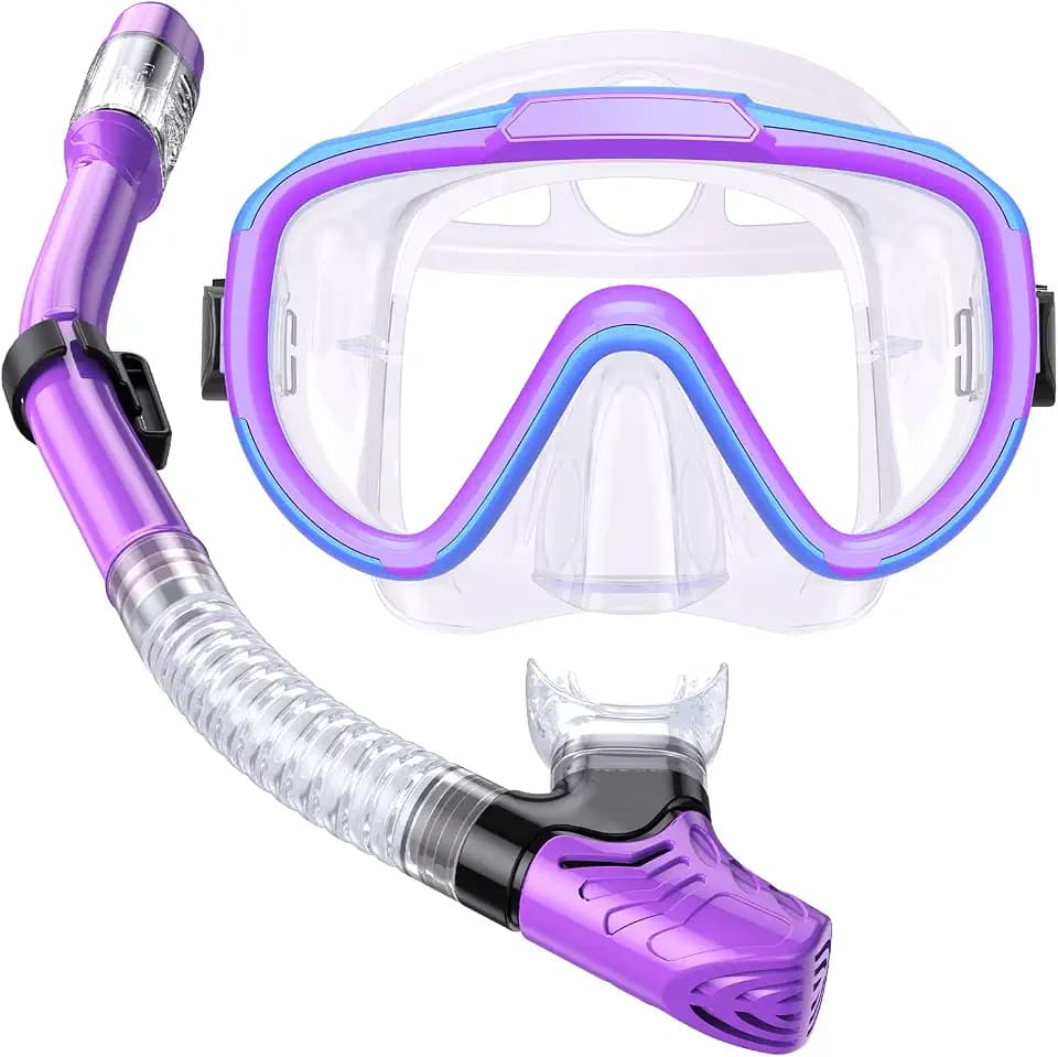 Seovediary Kids Snorkel Set, Tempered Glass Anti-Fog Dry Top Mask Ages 4-16