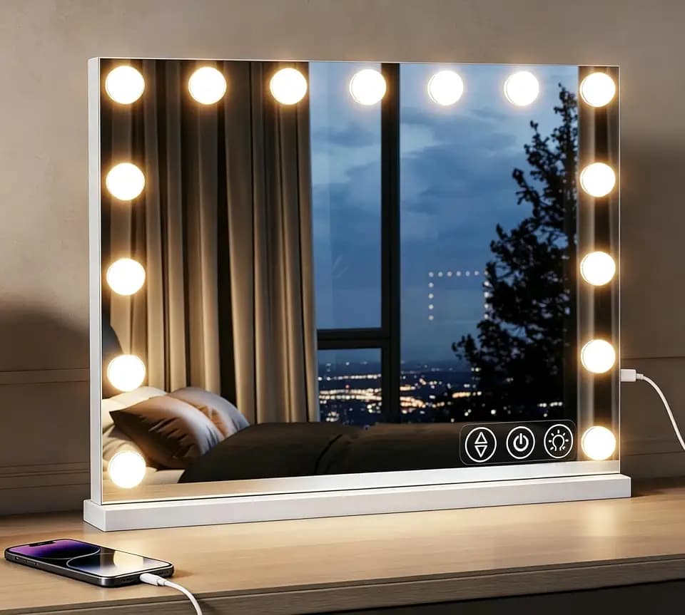 HollywoodSchminkspiegel mitBeleuchtung,58x45CM mit 15 Lampen,DREI Farben Licht, einstellbare Helligkeit, Hollywood Schminkspiegel, intelligenter Berührungsschalter, mit Speicherfunktion