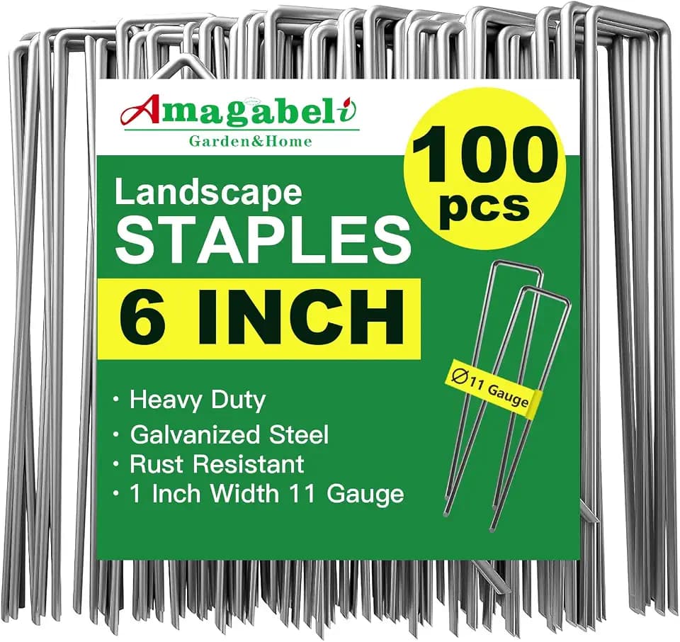 AMAGABELI 6 Inch 100 Pack Galvanized Landscape Staples 11 Gauge Anti-Rust Heavy Duty Garden Stakes Plant Cover Spikes U-Shaped Sod Pins Fence Stakes for Weed Barrier,Irrigation Tubing,Lawns,Decoration