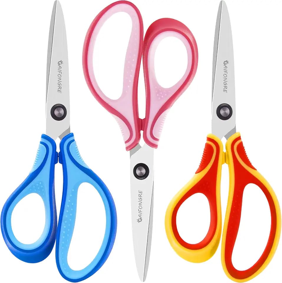 7" Real Left-Handed Kids Scissors Ages 8+ for School, Pointed Tip, 3-Pack