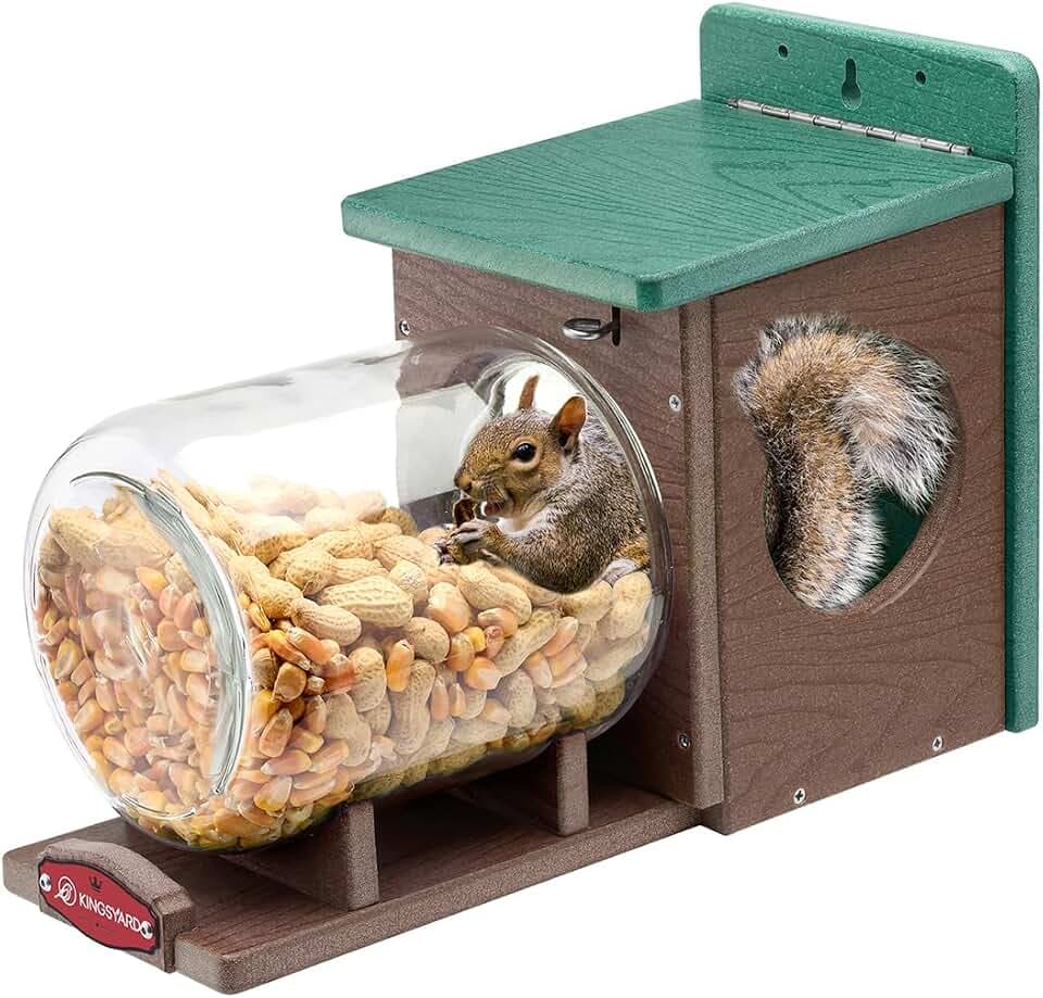 Kingsyard Recycled Plastic Squirrel Feeder for Outside, Squirrel Feeder Box with Peanuts Corn Storage Jar, Sturdy & Durable, Weatherproof (Green & Brown)