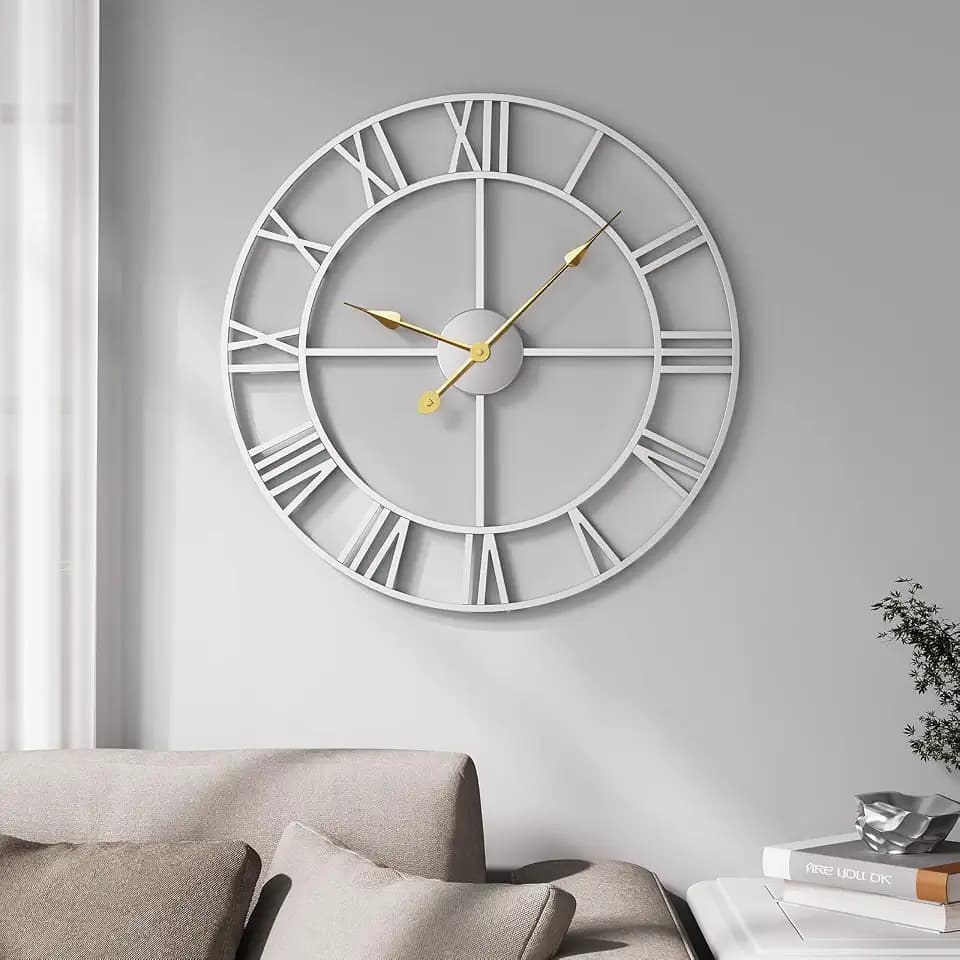 Cuspin 20 Inch Wall Clock Large Silver Decorative Modern Metal Clocks