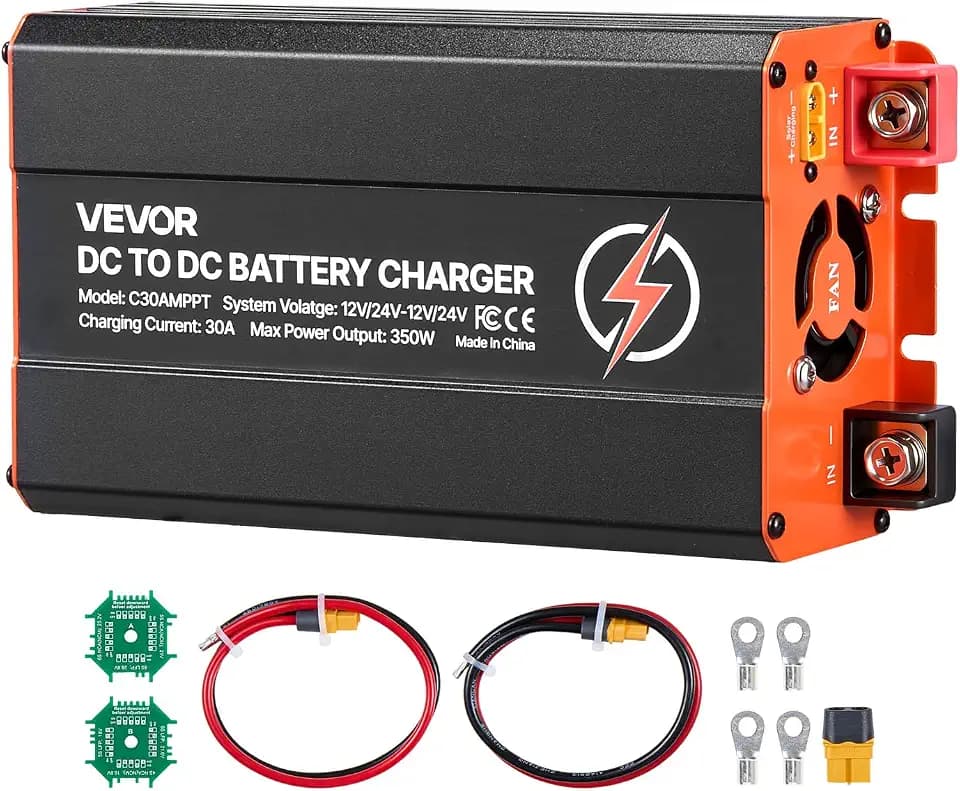VEVOR DC to DC Charger with MPPT, 350W, 30A On-Board Battery Charger, Solar Panel/Alternator Dual Input, Smart Multi-Stage Charging for LiFePO4 Lead-Acid Batteries, 12V/24V-12V/24V, for RV Home Backup