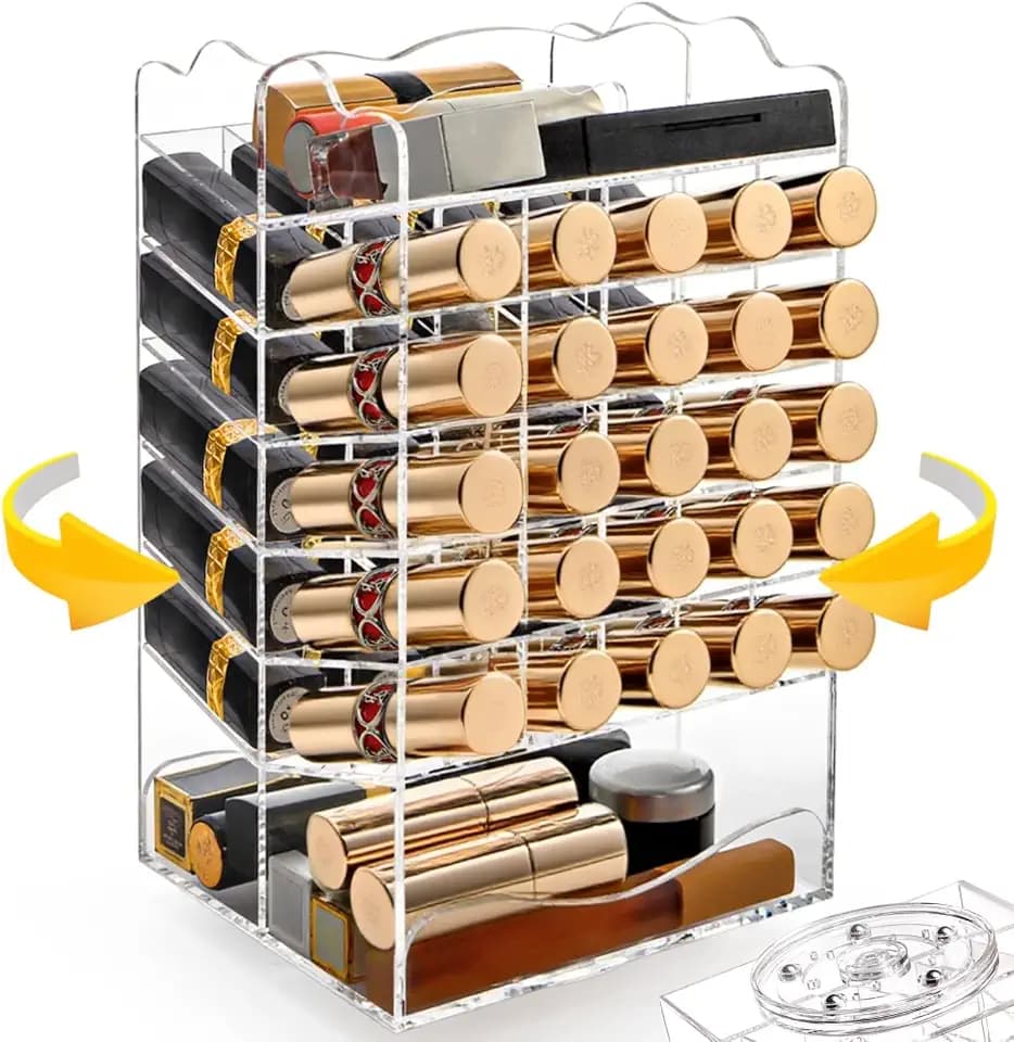 Tlence 360 Rotating Lipstick Organizer Tower, 7-Tier Clear Acrylic Lip Gloss Holder, 54 Slots Spinning Makeup Cosmetic Display Case Storage Rack for Vanity and Countertop