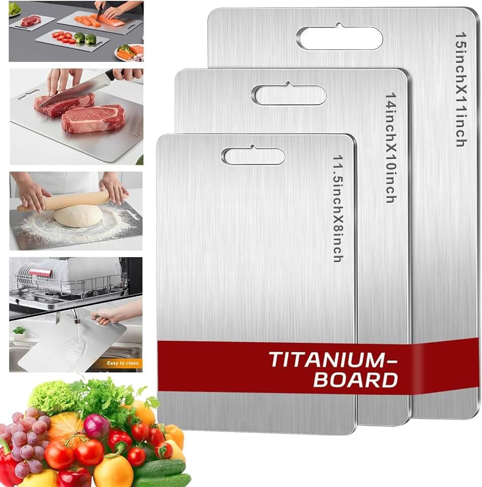 Titanium Cutting Board Set of 3, Double Sided Pure Titanium Cutting Boards for Kitchen, Sided Food Grade Non Stick Chopping Cutting Boards for Cutting Meats Fruits Vegetables (S+M+L)