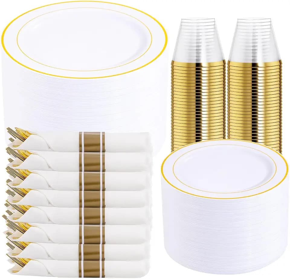 DaYammi 350PCS Gold Plastic Dinnerware Set for 50 Guests