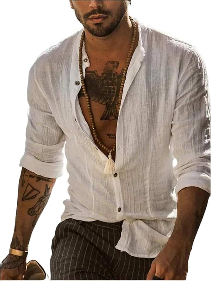 GORGLITTER Men's Linen Button Down Shirt Long Sleeve Textured Henley Collared Boho Vacation Tops