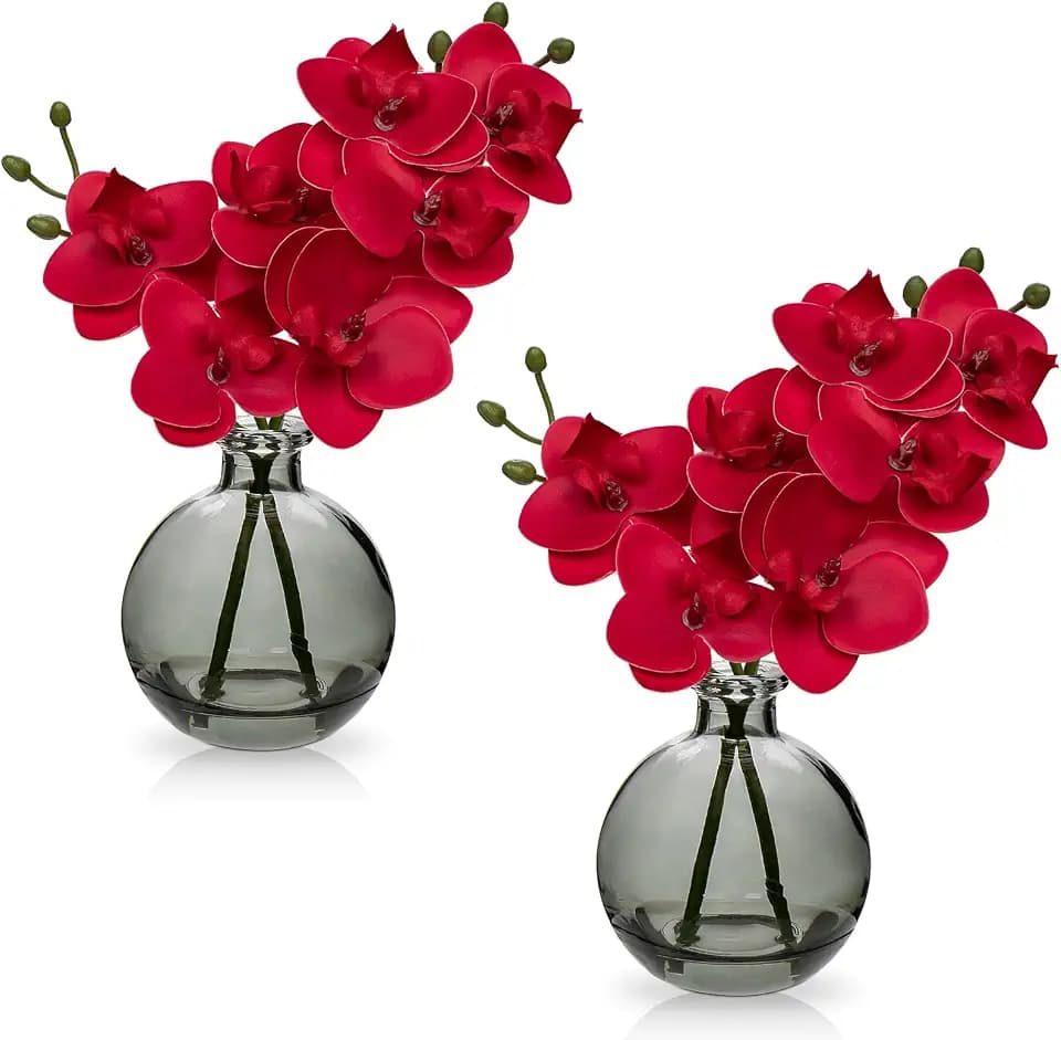 2 pcs Künstliche Orchideen Rot mit Schwarz Glasvase, Kunstpflanze Decor Orchideen Kunstblumen im vase mit Real Touch Blüten, Gefälschte Orchideen künstliche Bonsai für Hotel Wohnzimmer Büro Küche