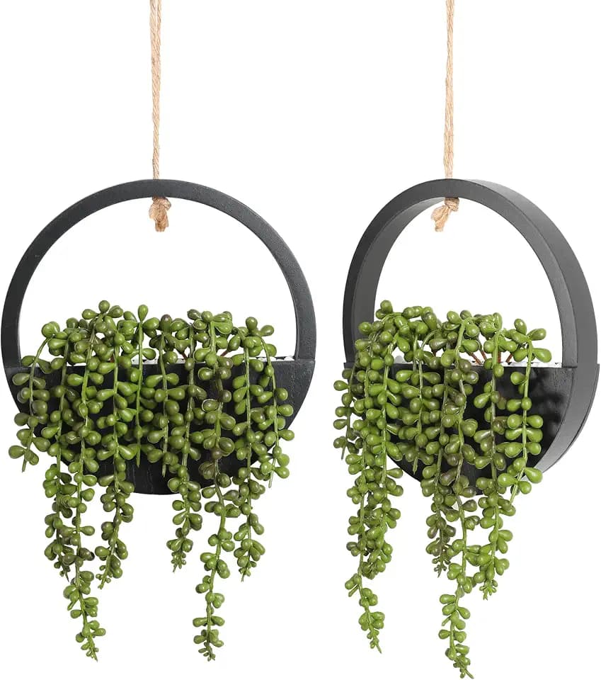 Floweroyal 2pcs Artificial Succulents Hanging Plants 20.1'' Fake String of Pearls in Pot with 9.4'' Lanyard for Indoor Outdoor Wall Decor (Black)