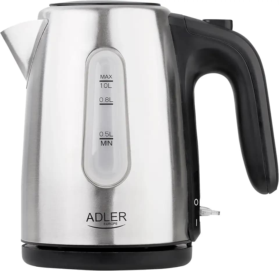 Adler Europe AD 1273 Wasserkocher 1L – Edelstahlgehäuse, 1200W, Kalkfilter, LED-Anzeige, Sicherheitsabschaltung, 360° Basis, doppelseitige Wasserstandsanzeige, modernes Design, Silber