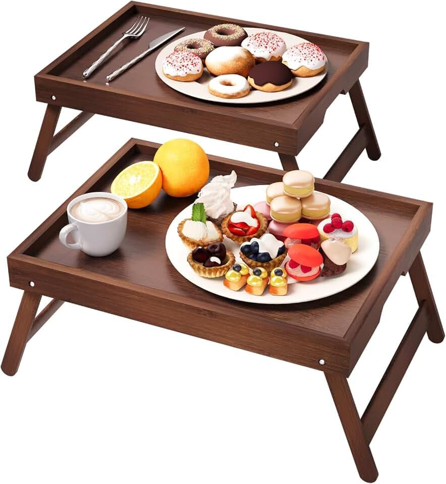 Fibogollo 2er Pack Betttablett mit klappbaren Beinen, Bambus Frühstückstabletts, Serviertablett Betttisch für Essen and Snack, Laptoptabletts zum Arbeiten (Braun)