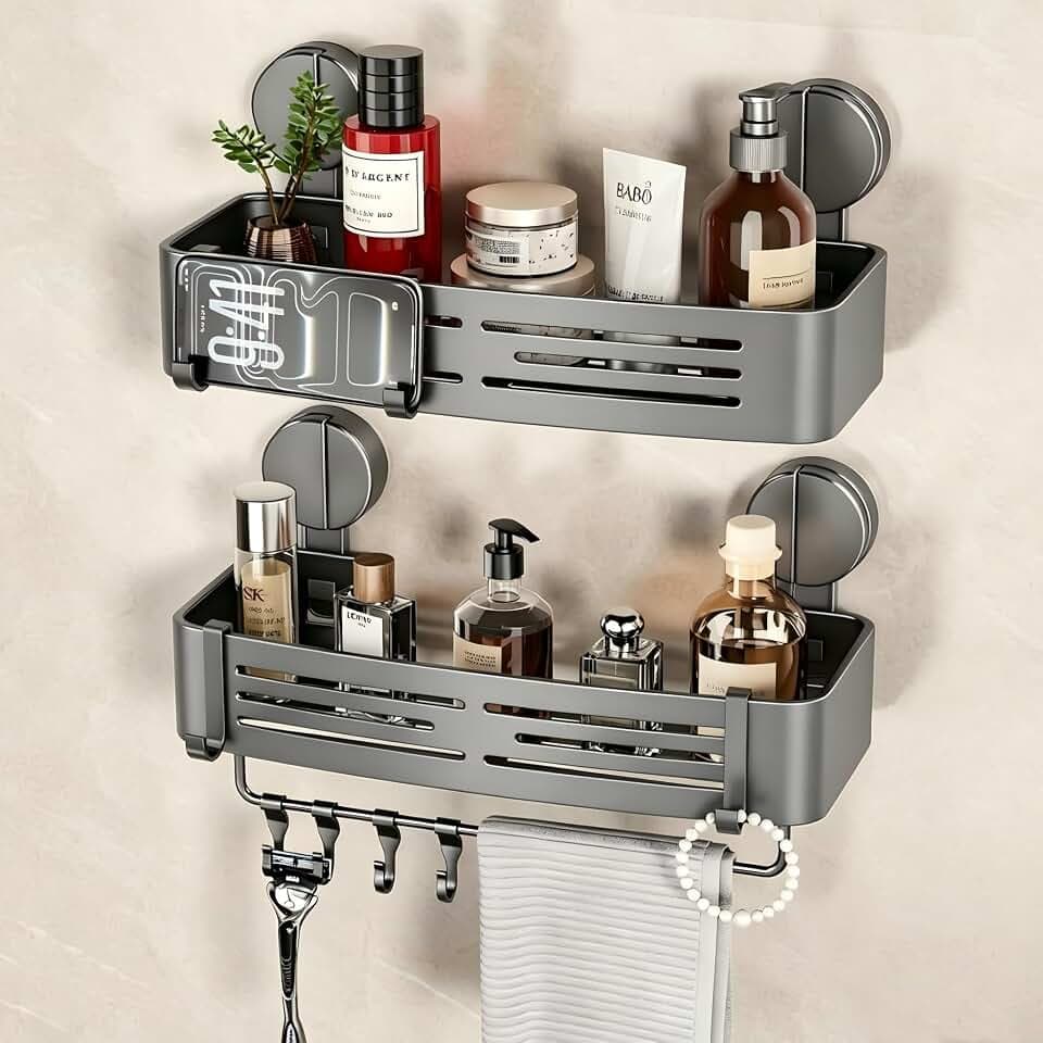 VOLPONE Shower Caddy Suction Shower Shelf No Drilling Shower Organizer Suction Cup Shower Storage Rack Aluminum Wall Mounted Shampoo Holder with Towel Bar Hooks (2-Pack, Matte Gray)