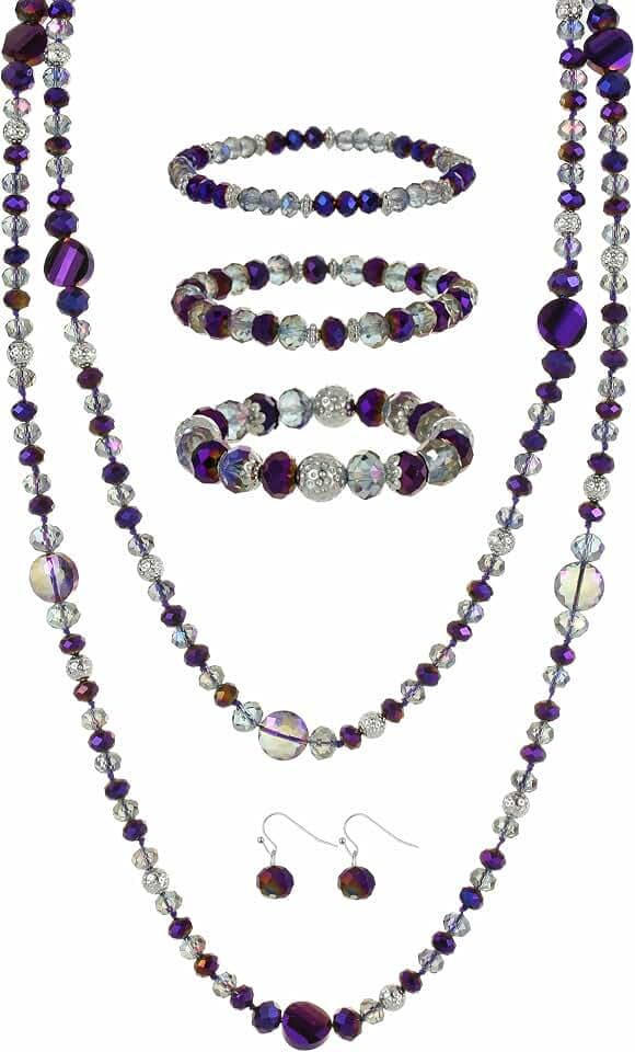 Trendy Infinity Wrap 60’’ Long Statement Necklace, Earrings and Bracelet Set - Hand Knotted Versatile Crystal and Shell Beads Strand Necklace and Chunky Beaded Stretch Bracelet Stack – Jewelry Set Gift for Women