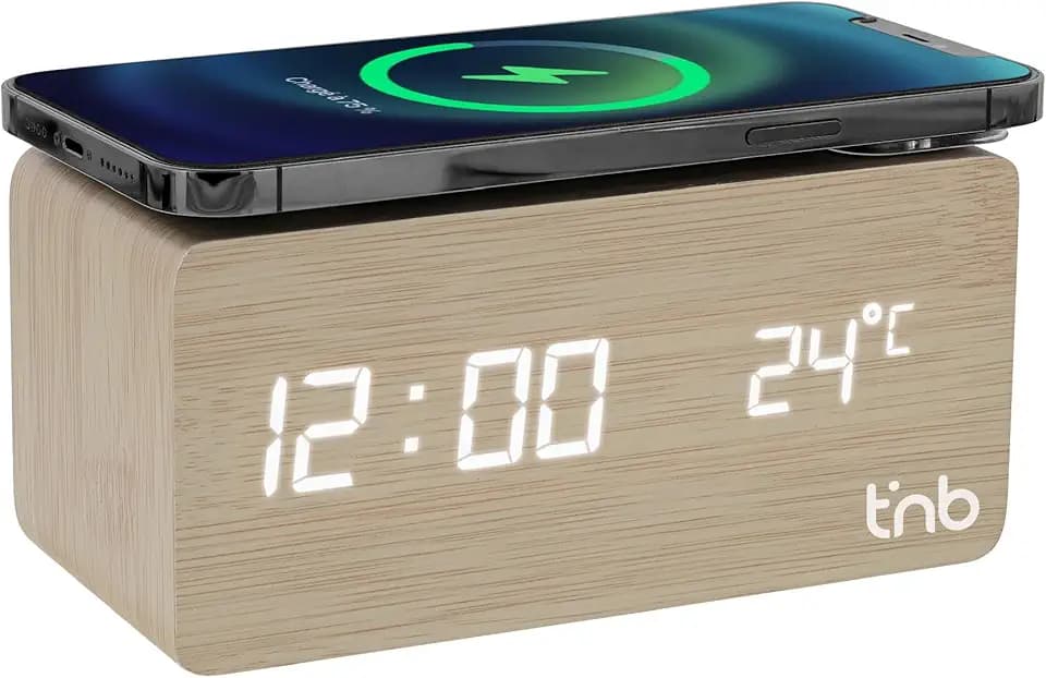 T'nB - Digitaler Wecker aus Holz, drahtloses Ladegerät für Smartphones, kompatibel mit Induktionsherd, Digitaluhr, verstellbare Beleuchtung, 3 programmierbare Weckzeiten - Holzausführung