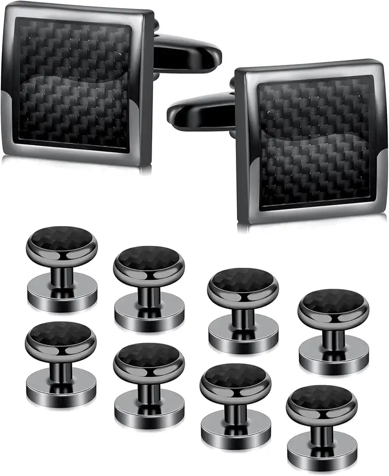 10Pcs Cufflinks for Men Classic Design Carbon Fiber Cufflinks Tuxedo Shirt Stud Set for Wedding Business Birthday Meeting Black Tone Cufflinks