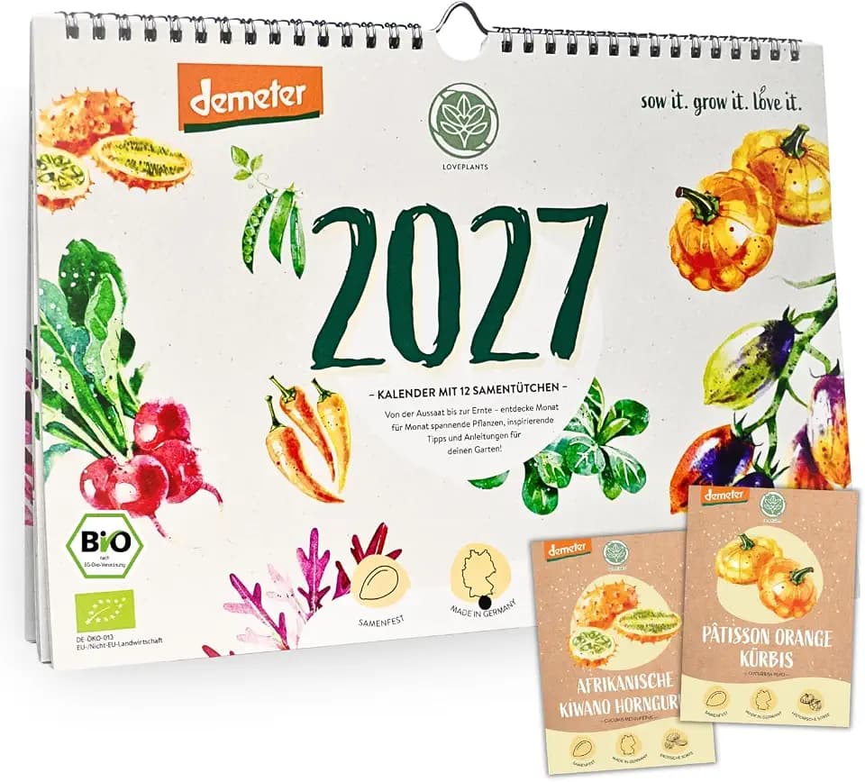 Bio Saatgut Kalender 2027 – Garten Wandkalender A4 mit 12 Sorten Demeter Gemüse Samen | Einpflanzbarer Monatskalender von Loveplants mit Aussaatkalender | Geschenkideen für deine Gartenfreunde
