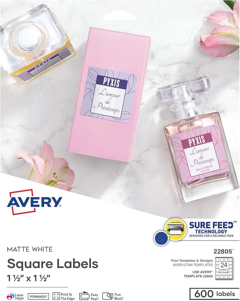 Avery® Printable Blank Square Labels, 1.5" x 1.5", Matte White, 600 Customizable Labels (22805)