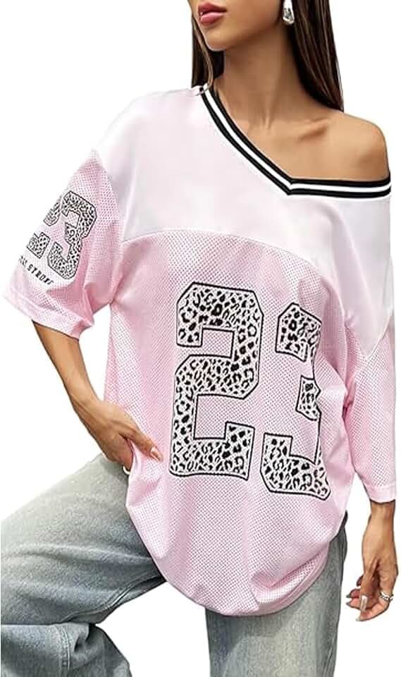 CocMouse Damen Graphic Tees Y2k Oversized Number Graphic V Neck Summer Top Kurzarm Jersey T-Shirt Streetwear