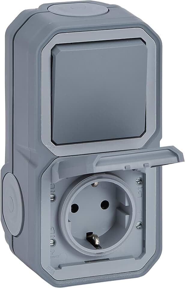 LEGRAND, Plexo New Feuchtraum-AP-Universal-Aus-/Wechselschalter (1-polig) & Schutzkontakt-Steckdose (SL), inkl. Klappdeckel, vert., IP44-IK07 (Steckdose), IP55 - IK07 (Schalter), Farbe: Grau, 069746L