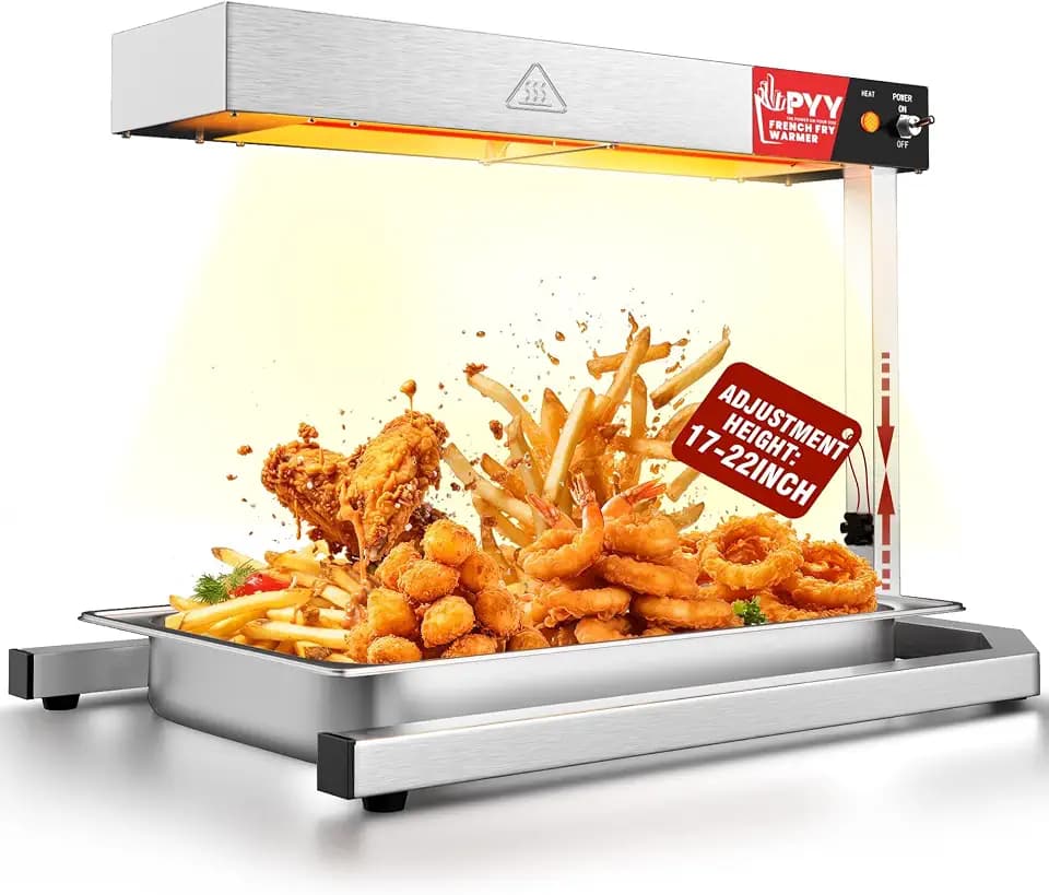PYY French Fry Warmer - 500W Food Heat Lamp with U Shape Base Stand Stainless Steel Commercial Fry Warmer for French Fries Electric Heating Radiation, Adjustable Height, Silver