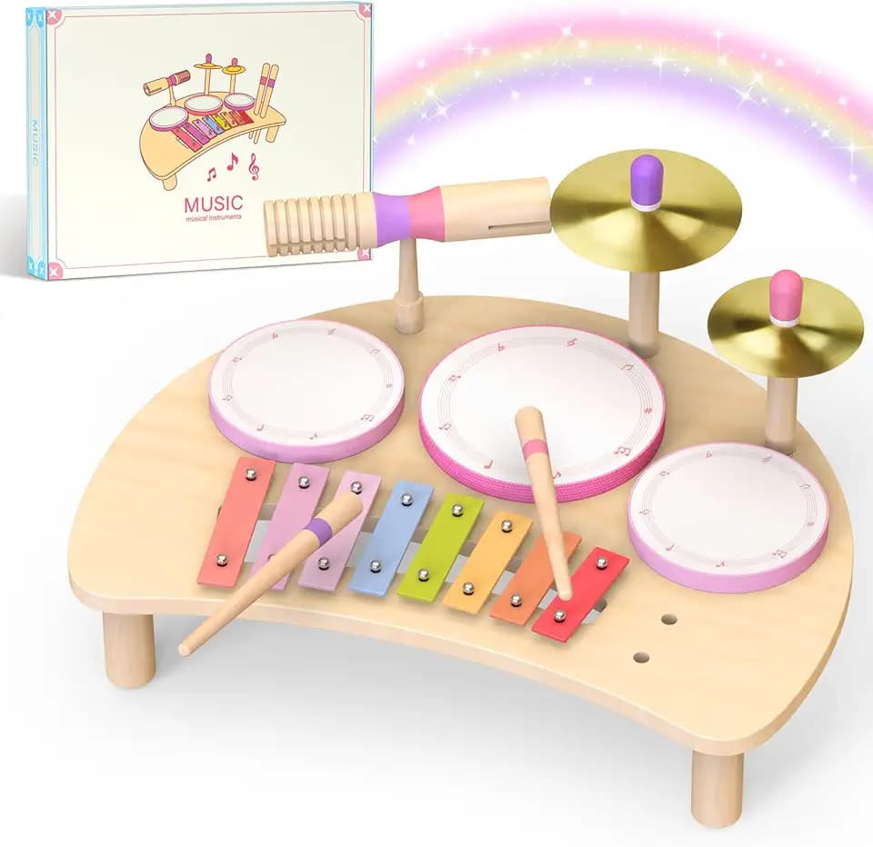 Drum Set Toys for 1.5 - 3 Year Old Girls,Montessori Music Toy,Drum with Xylophone,Musical Instruments Toy, Kids Birthday Gifts (Pink)