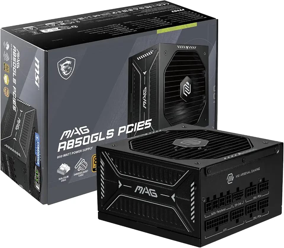 MSI MAG A850GLS PCIE5, Fully Modular Compact Gaming 850W Power Supply, 80+ Gold, ATX 3.1 & PCIe 5.1 Ready, Native Dual-Color 12V-2x6 Embossed Jacket Cables, Low-Noise, 10 Year Warranty