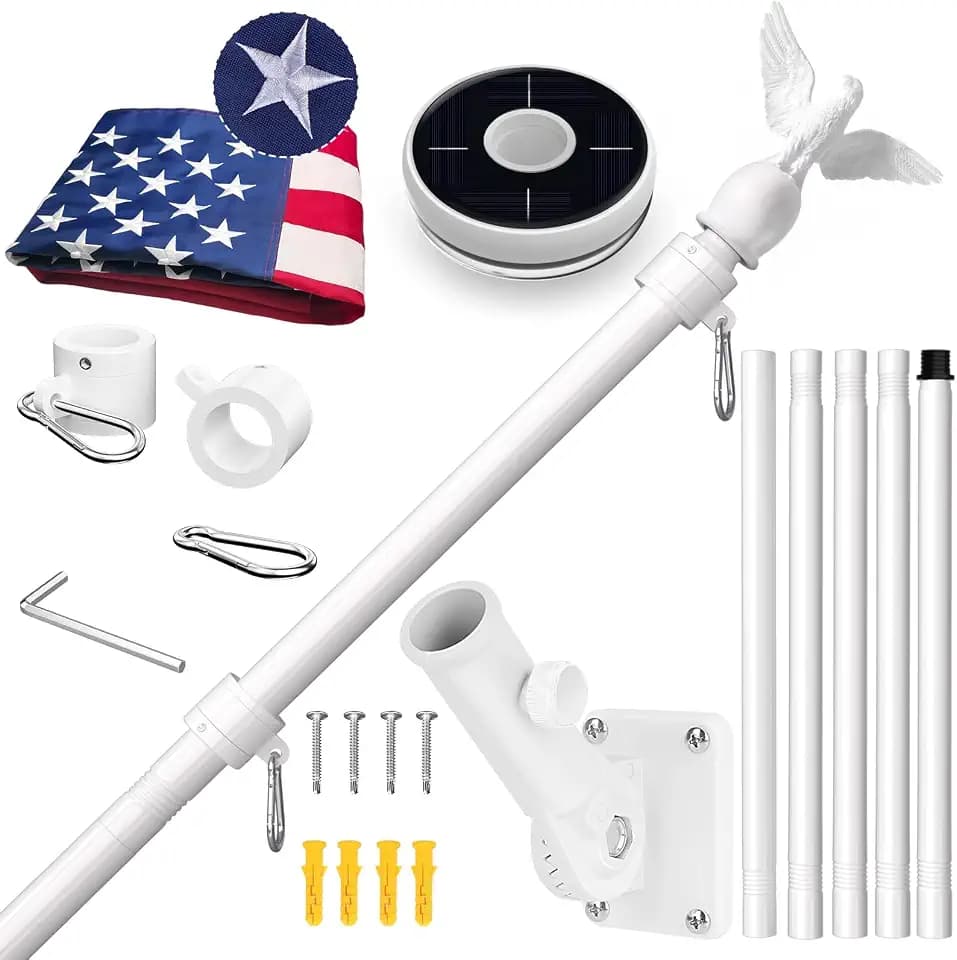 LETSTRY American Flag with Pole & Flag Pole Light, 6FT White Flagpoles for Outside House with 180° Adjustable Bracket, 1" Thickened Stainless Steel Wall Mount Flagpole for Residential Porch Outdoor