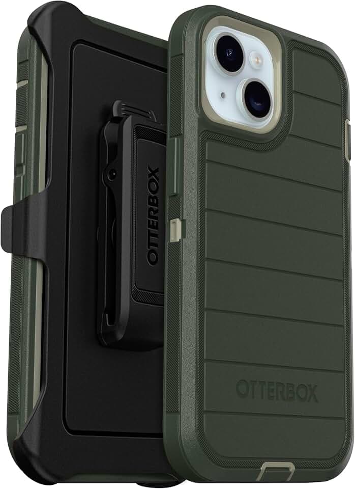 OtterBox iPhone 15, iPhone 14, & iPhone 13 (Only) Defender Series Case - Lichen the Trek (Green) - Rugged & Durable - with Port Protection - Holster Clip Includes - Microbial Defense Protection