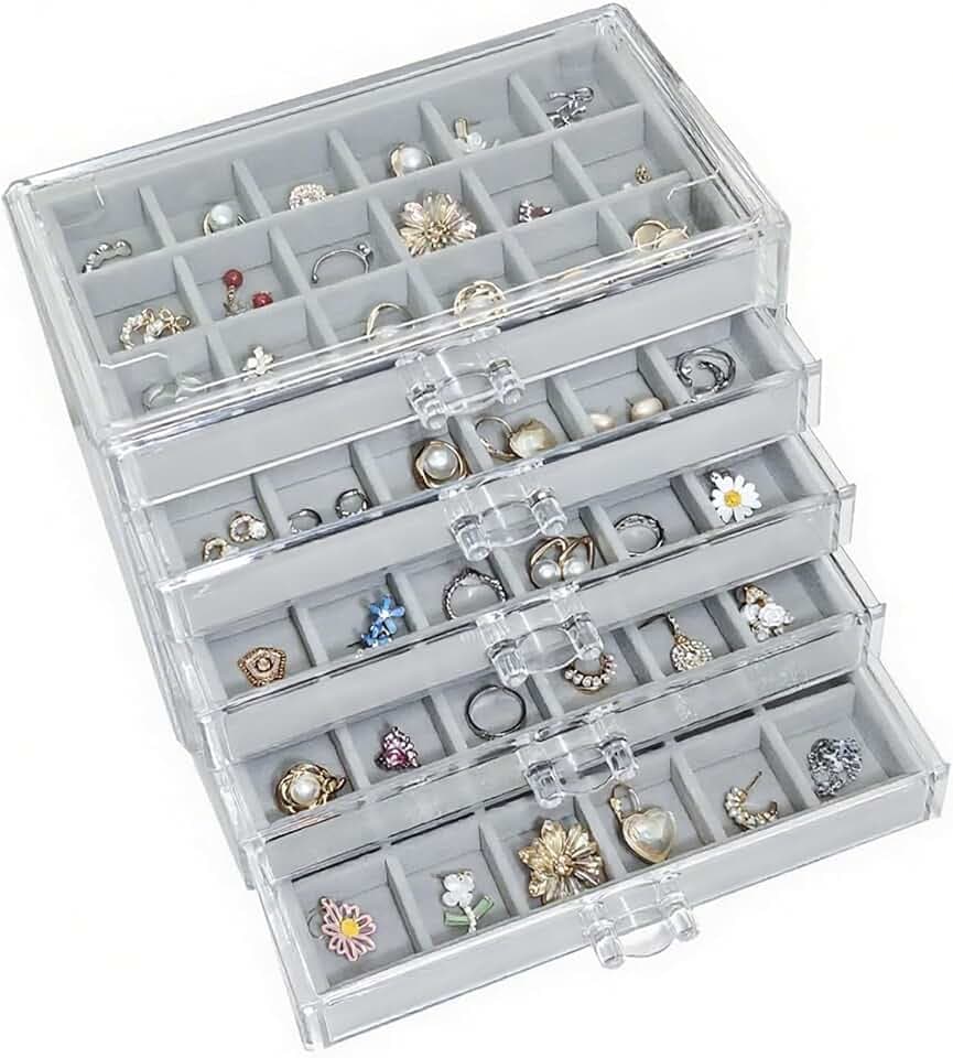 Kongming Acryl Schmuckkästchen 5 Ebenen, Schmuckkasten mit 5 Samt Schmuckaufbewahrung Schublade Jewelry Organizer mit Aufnehmbare Tabletts für Schmuck Aufbewahrung, Halsketten, Ringe, Ohrringe (Grau)