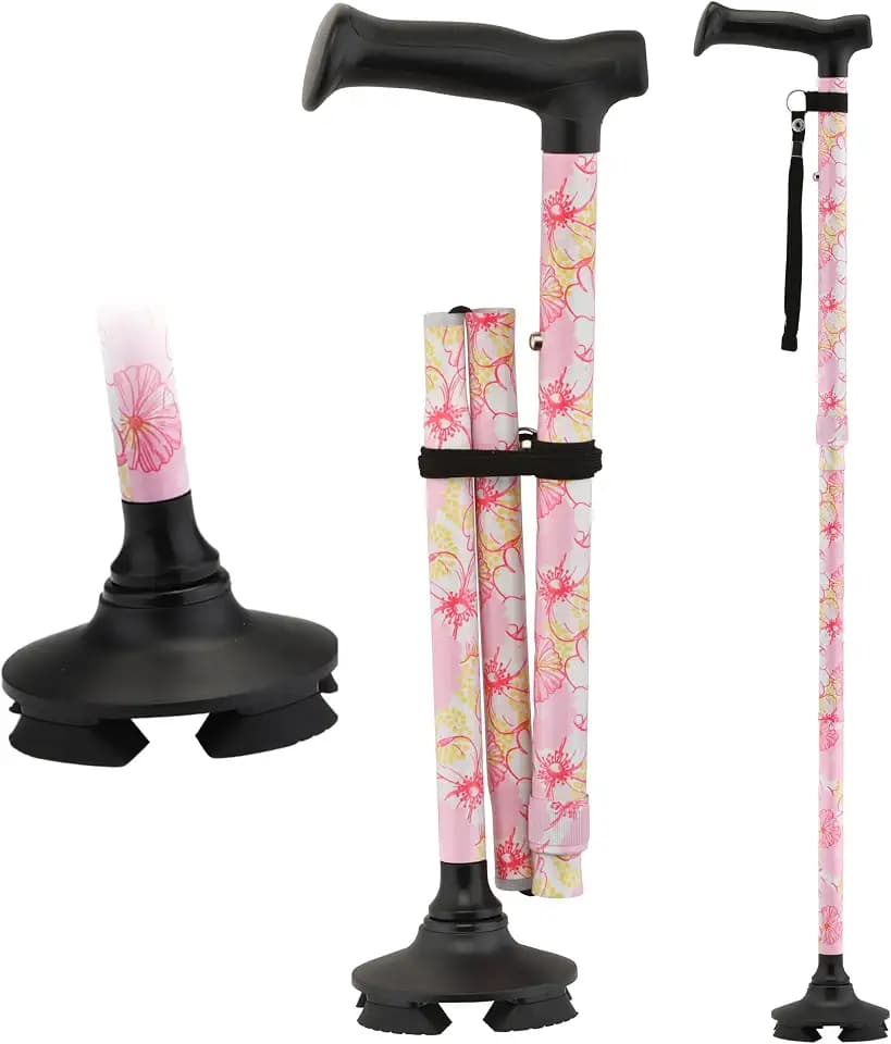 NOVA Foldable Quad Cane for Seniors, Self Standing Adjustable Walking Cane with Pivoting Quad Tip, Lightweight Collapsible Mobility Aid, Bonus Carry Pouch & Replacement Tips, Pink Floral