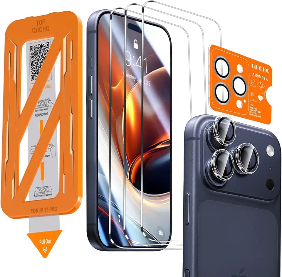 QHOHQ 3 Stück für iPhone 17 Pro für Panzerglas mit 1 Satz Kameraschutz, Top 9H+ Härte Glas Folie, 1-Sekunden Auto-Install, Anti-Kratzer, Anti-Fingerabdruck, Kompatibel mit Hülle