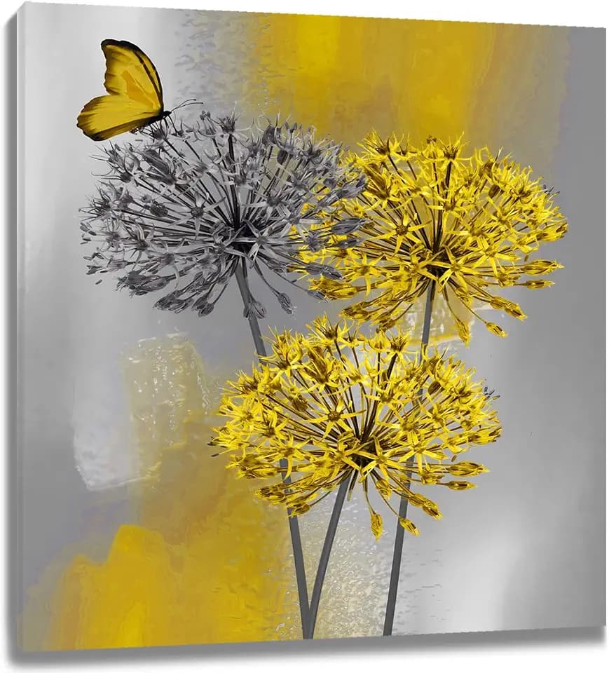 LB Yellow and Grey Floral Wall Art, Modern Abstract Wall Decor, 12L x 12W
