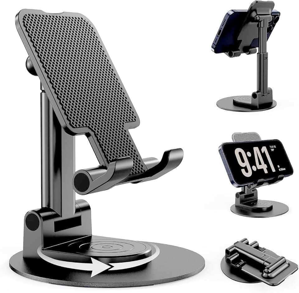 BHHB Verstellbar handyhalterung Tisch Handy Ständer Tisch Faltbarer Handyhalterung, Mobile Halterung kompatibel mit iPhone 16/15/14/13/12, Galaxy Huawei, Galaxy,alle Smartphones 7,9 Zoll - Schwarz