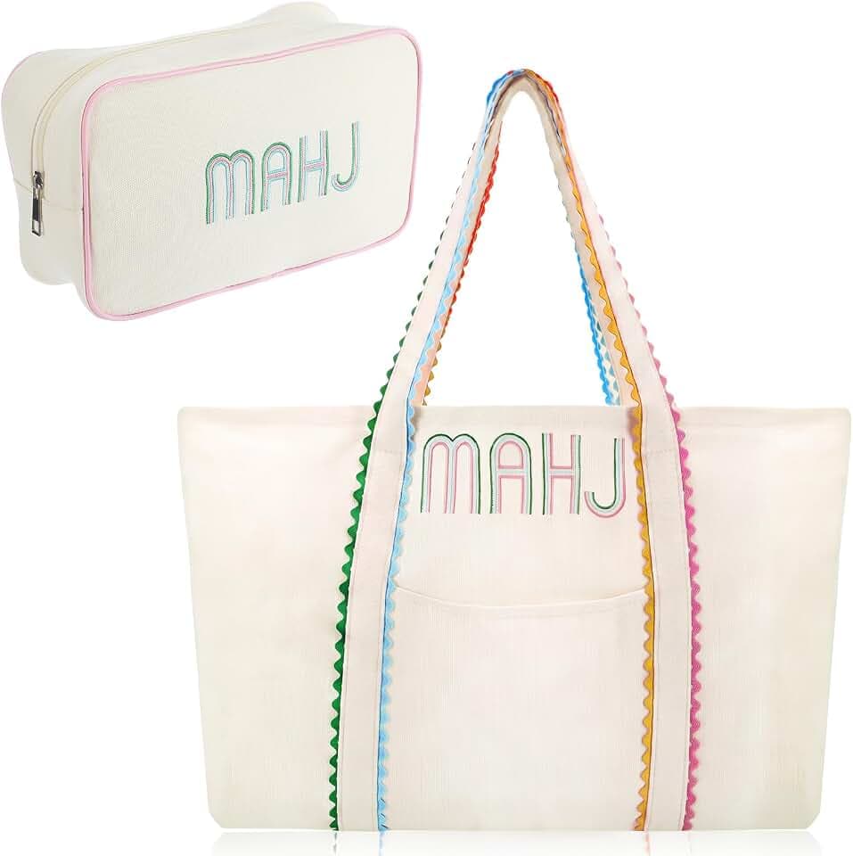 2 Pcs Mahjong Tote Bags Set Embroidered Mahjong Bag, Cream White, Pastel