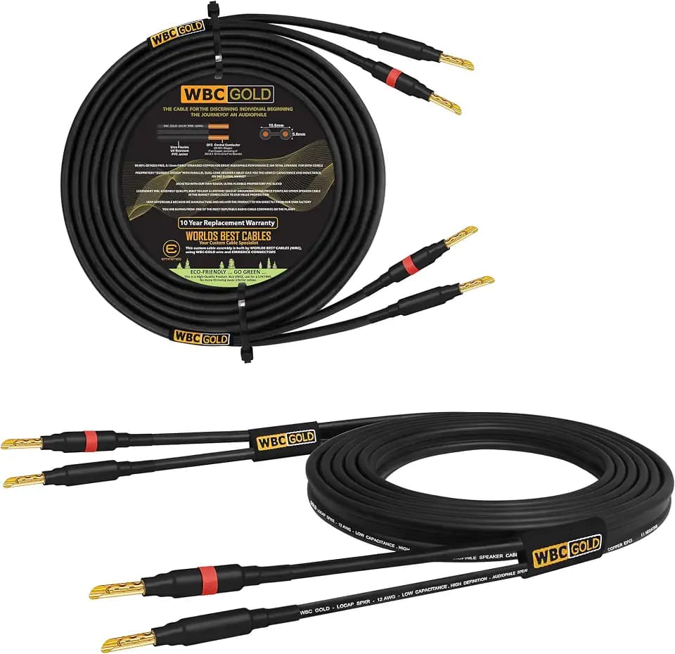 WORLDS BEST CABLES 10 Foot WBC-GOLD-LOCAP-SPKR-12 AWG - Low-Capacitance - Low-Inductance - High Purity OFC - Audiophile HiFi Speaker Cable Pair with Eminence Gold Banana Plugs