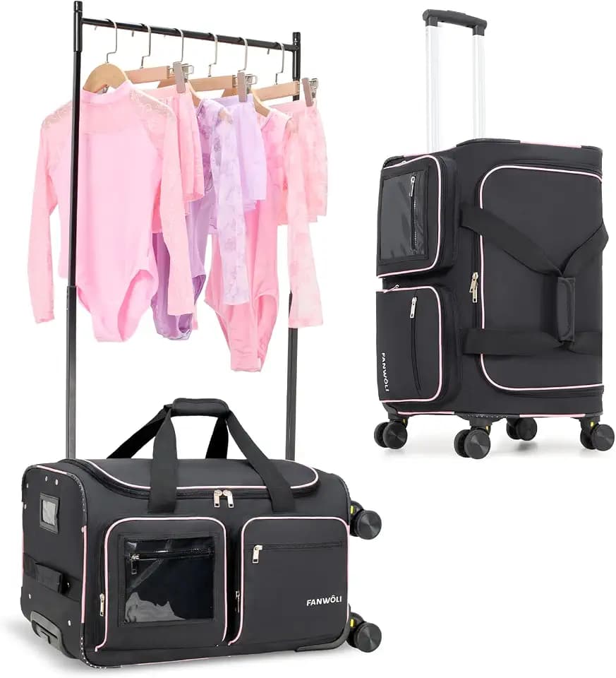 Fanwoli 23" Dance Bag with Garment Rack, 4-Wheel Rolling Competition Duffel