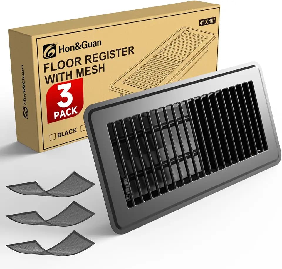 Hon&Guan Floor Register 4 x10 Inch, Heavy Duty Walkable Floor Vent Easy Adjust Air Vent Covers for Home Floor, Rust Proof Finish Registers with 3PCS Magnetic Vent Mesh, Black, 3PCS