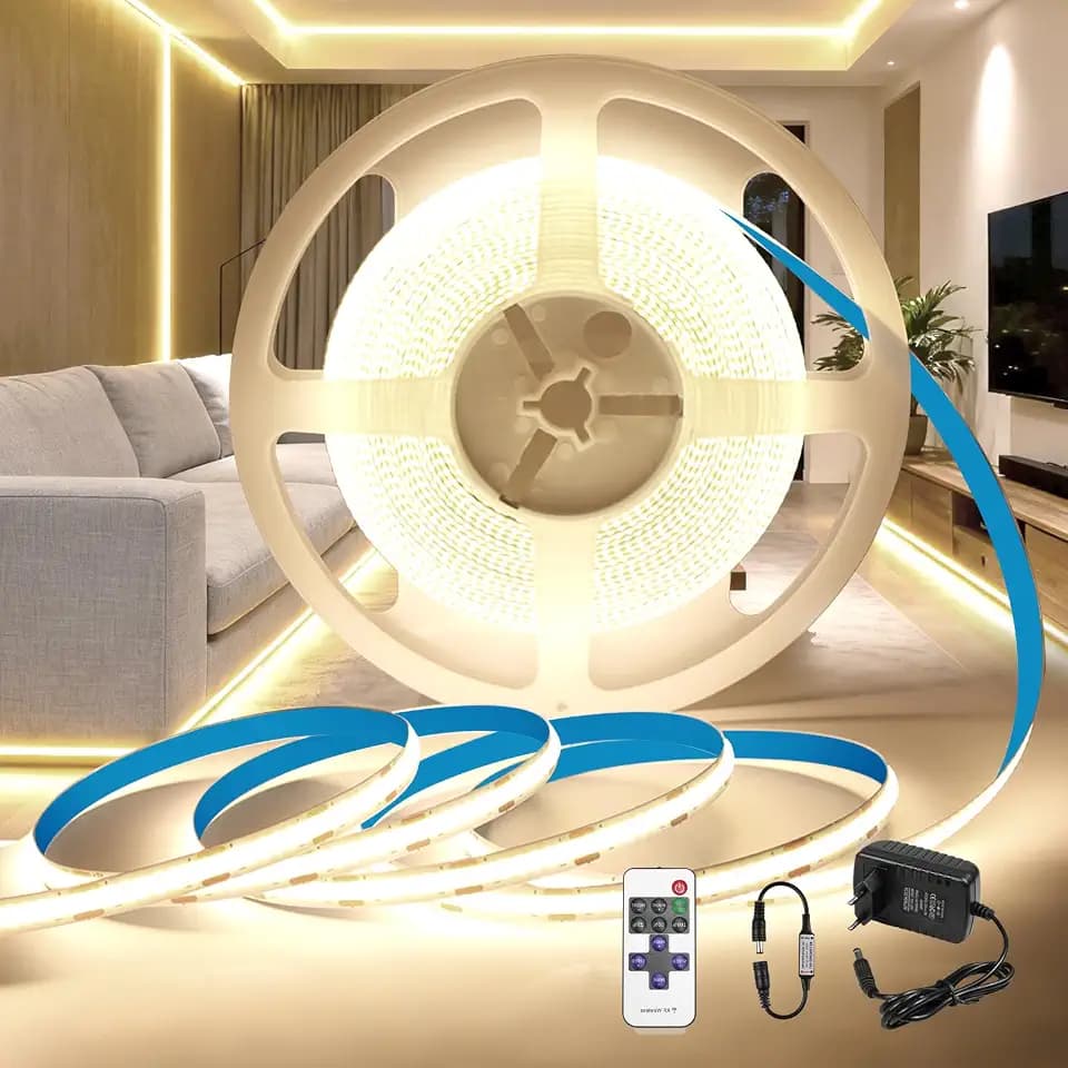 BRIMETI COB LED Streifen 12V Strip 5M Dimmbar Selbstklebend 8mm Breite mit Stecker und Fernbedienung Neutralweiß 4000K 320LEDs/m, CRI90+ Flexibel LED Band Licht für TV