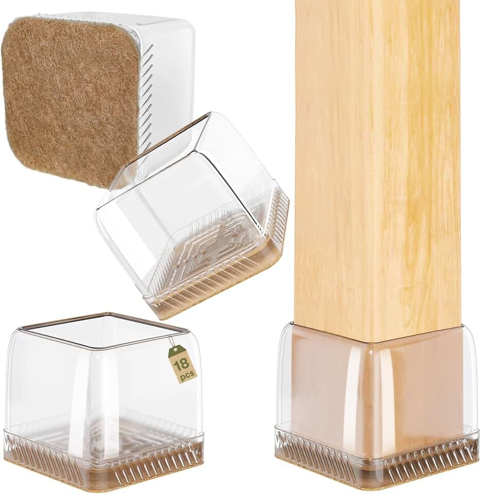 Euqvunn 18stk Stuhlbeinkappen Eckig, Mini Klein Stuhlbeinschoner, Schutzkappen für Stuhlbeine mit Filz, Stuhlbein Bodenschoner für Stühle Transparent Schutz für Stuhlbeine zum Schutz von Böden 35-40mm