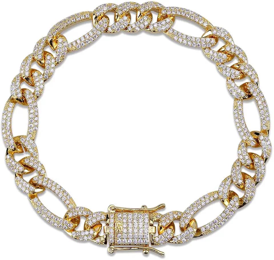 HECHUANG All Iced Out Simulated Diamond 10MM Gold Silver Plated Cuban Link Chain Bracelet Necklace (Gold Bracelet, 7)