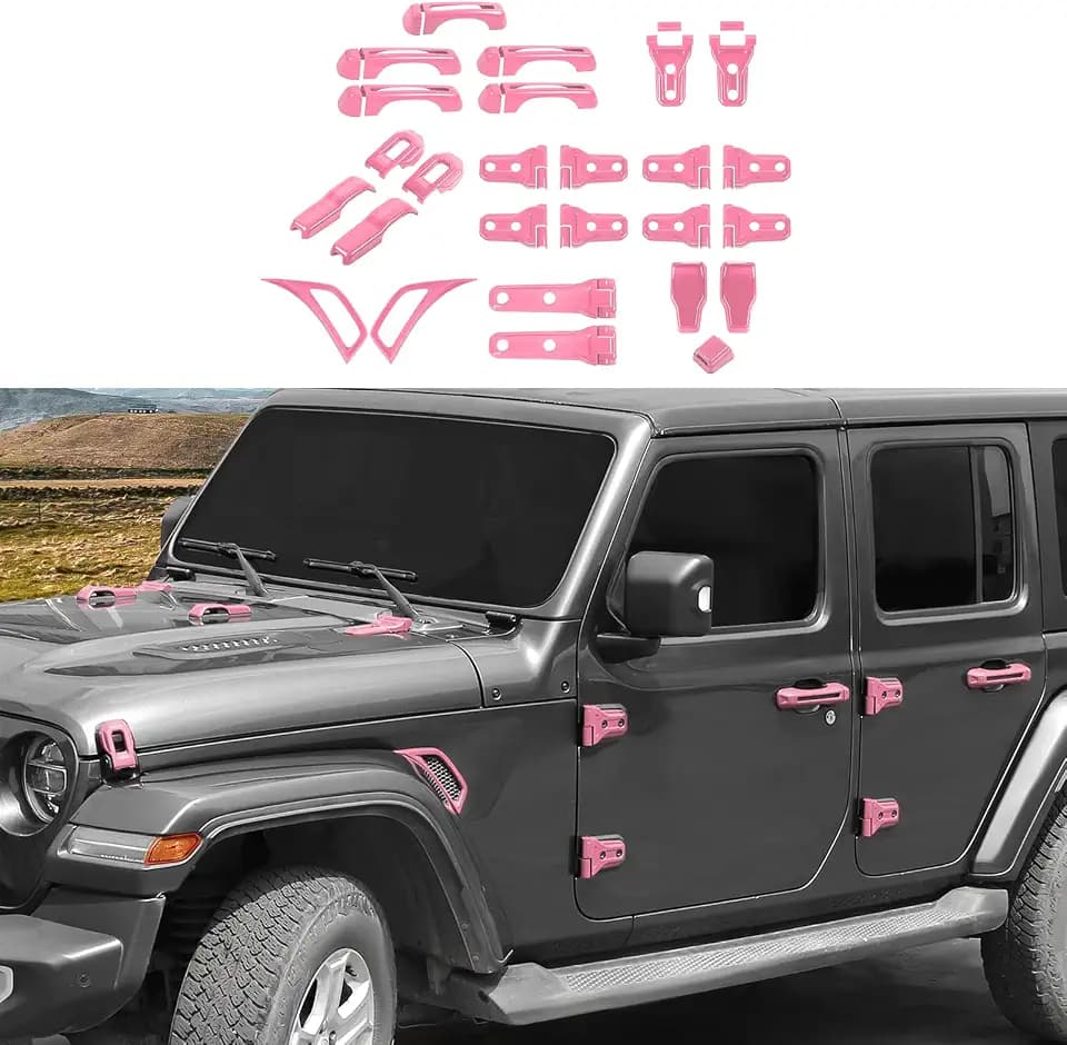 CheroCar 43PCS Full Set Exterior Trim Kit Fit for 2018-2026 Jeep Wrangler JL 4Door Pink Door Handle,Hood Hinge,Left Right Door Hinge,Tailgate Handle,Spare Tire Bracket,Fender Vent Cover Trim