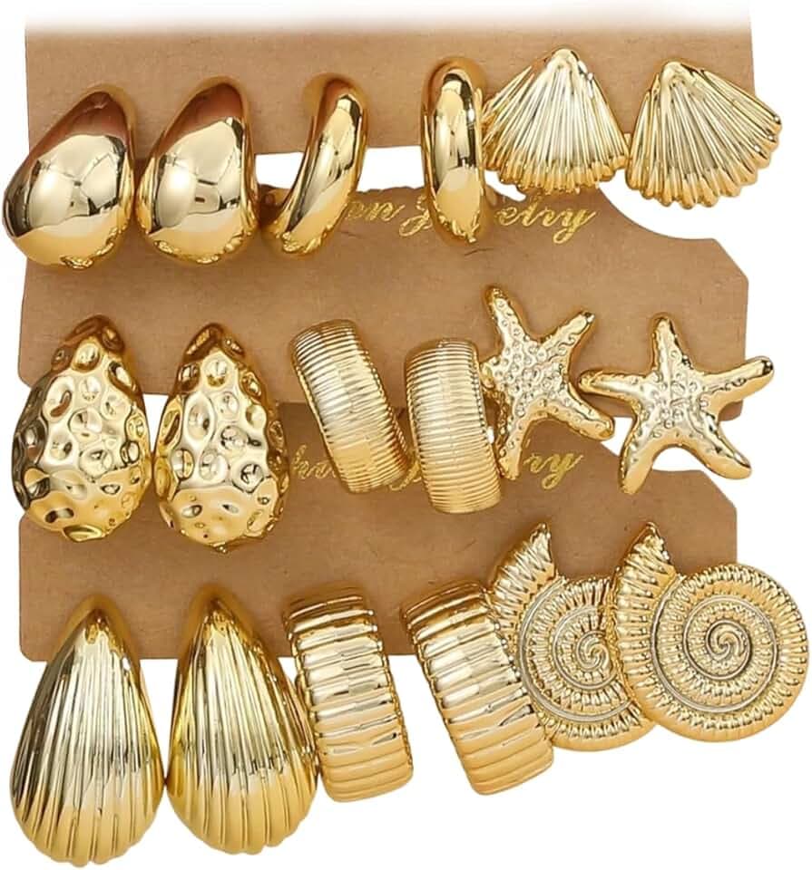12 Pairs Chunky Gold Hoop Earrings for Women Trendy, Gold Plated Lightweight Hypoallergenic Stack, Thick Open Twisted Huggie Hoops Earring Set